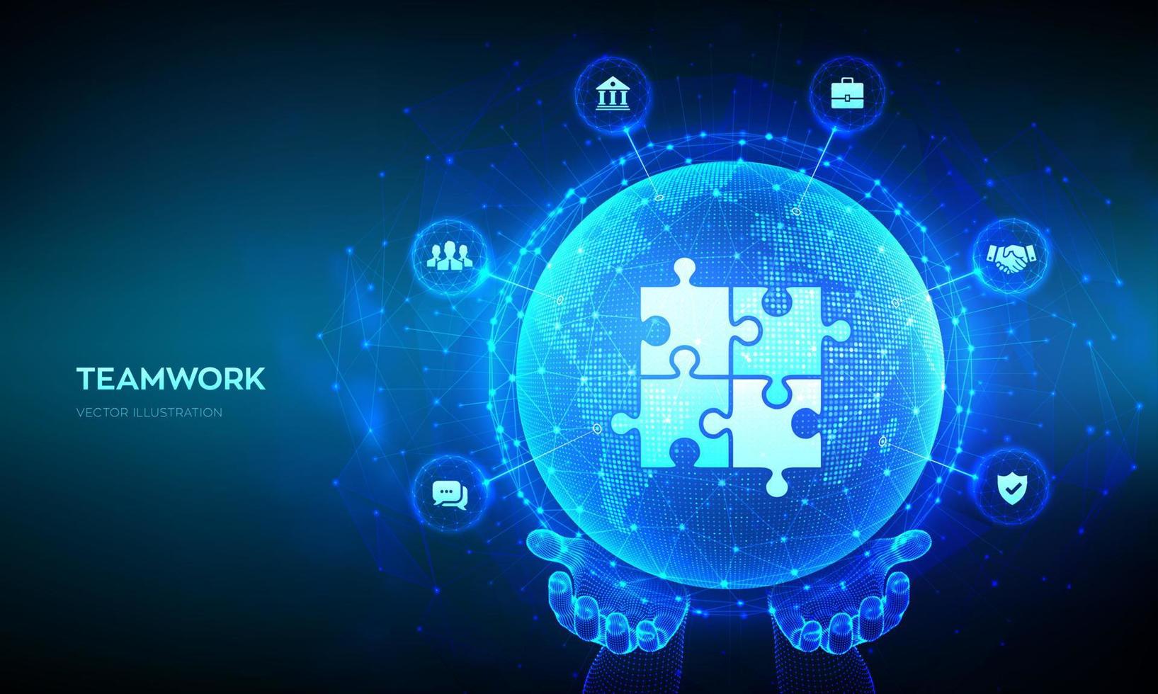 lavoro di squadra tecnologia concetto. attività commerciale collaborazione. globale cooperazione comunicazione Rete. puzzle squadra elementi. mondo carta geografica punto, linea composizione. terra pianeta globo nel mani. vettore illustrazione.