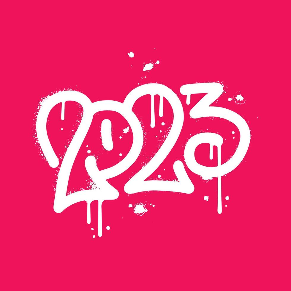 spruzzato 2023 etichetta ruban graffiti numero con overspray nel bianca al di sopra di magenta. vettore strutturato mano disegnato illustrazione.