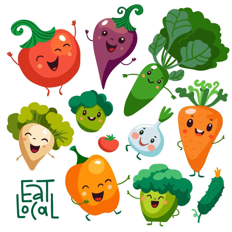 carino cartone animato verdura personaggi impostare. kawaii facce di radici, carota, broccoli, pomodoro, Pepe per bambini vettore vegetariano cibo illustrazione collezione. infantile vegano personaggi
