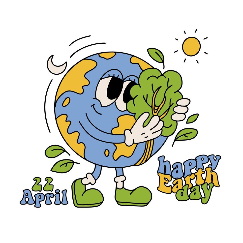 retrò Groovy cartone animato terra globo Tenere e abbracciare verde albero. 22 aprile contento terra giorno concetto. ambiente amichevole vettore illustrazione. semplice Vintage ▾ nostalgia personaggio per manifesto, striscione.