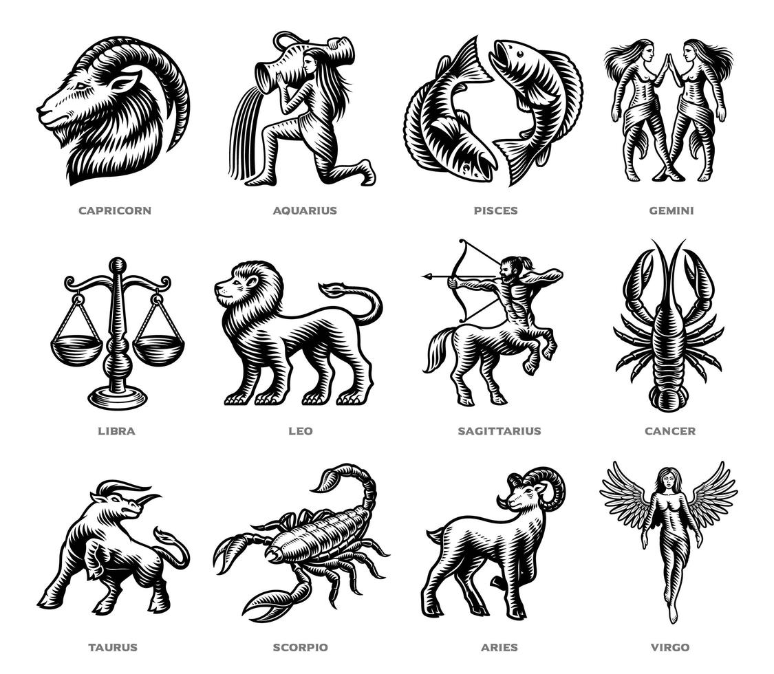 set di segni zodiacali in bianco e nero vettore