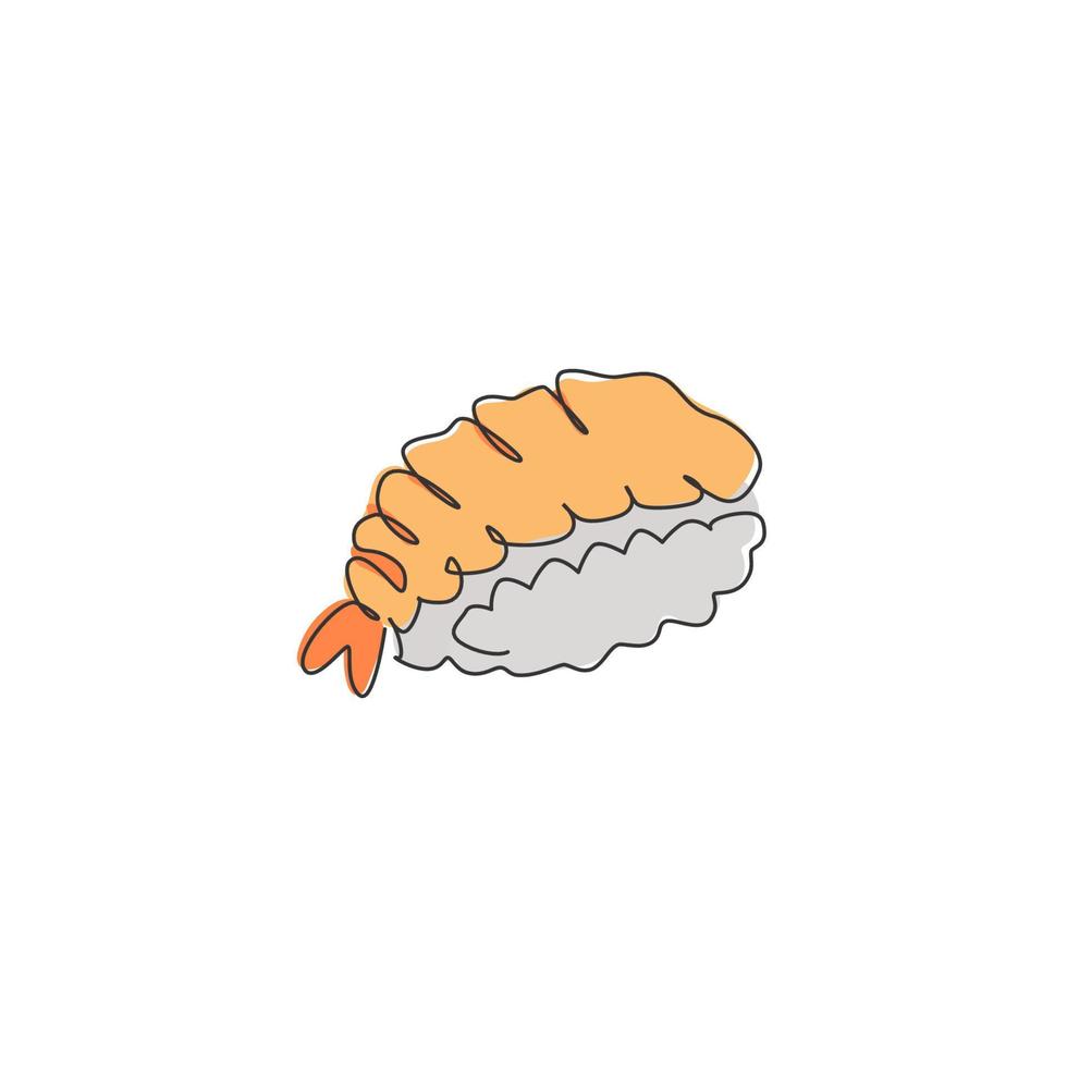 un disegno a linea singola fresco giapponese nigiri sushi bar logo illustrazione grafica vettoriale. menu del caffè dei frutti di mare del Giappone e concetto del distintivo del ristorante. logotipo di cibo di strada di design moderno a linea continua vettore