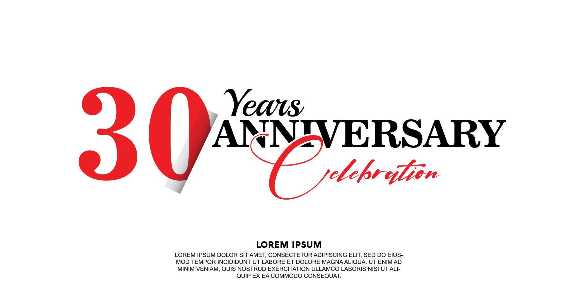30 anno anniversario celebrazione logo vettore design con rosso e nero colore su bianca sfondo astratto