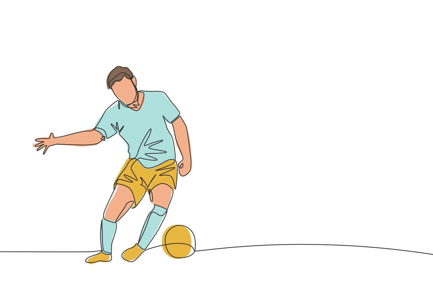 uno singolo linea disegno di giovane forte calcio difensore bloccare il palla e controllo esso evitando avversari. calcio incontro gli sport concetto. continuo linea disegnare design vettore illustrazione