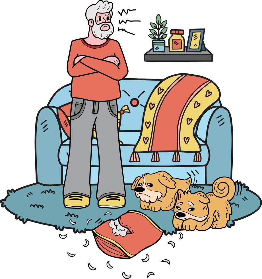 mano disegnato anziano uomo formazione un' cane illustrazione nel scarabocchio stile vettore