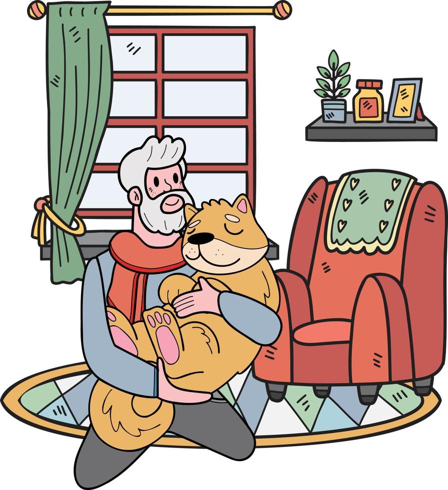 mano disegnato anziano uomo seduta con shiba inu cane illustrazione nel scarabocchio stile vettore