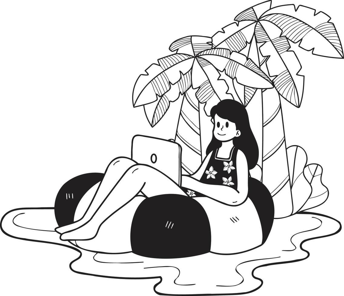 mano disegnato libero professionista donna Lavorando su il computer portatile sotto Noce di cocco albero illustrazione nel scarabocchio stile vettore