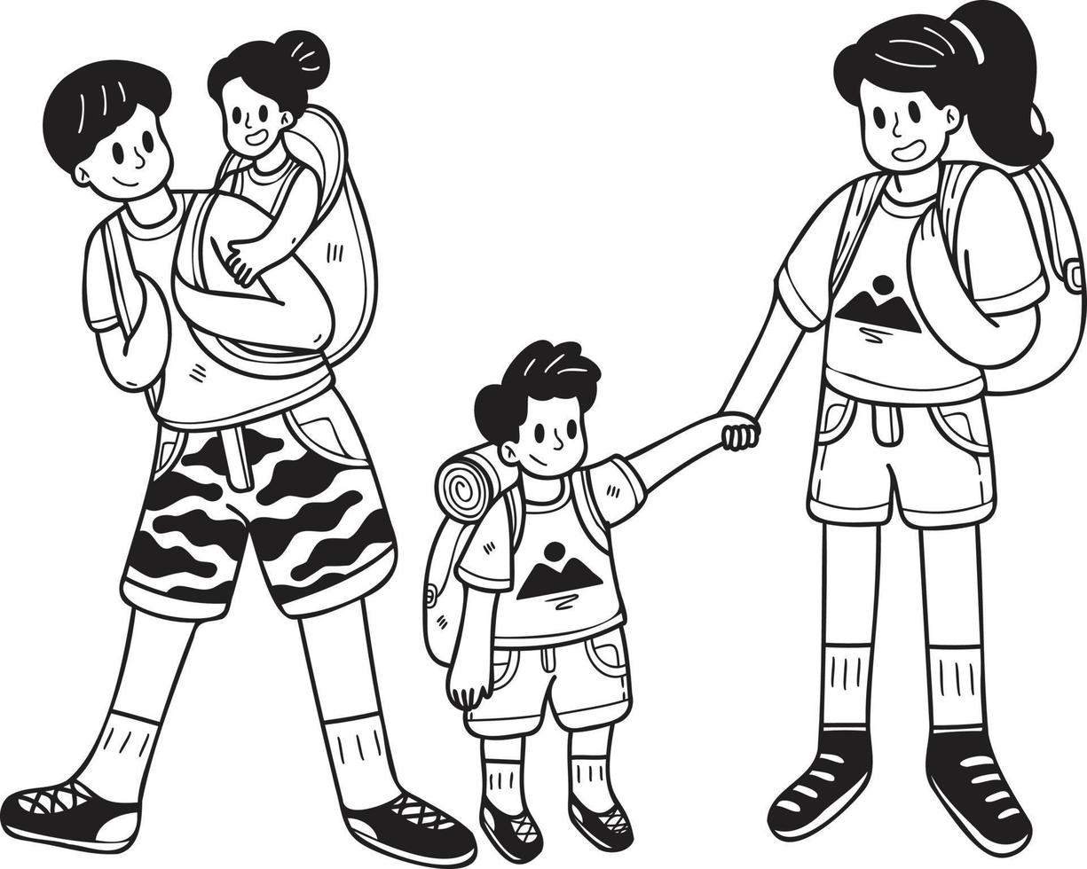 mano disegnato famiglia andando su un' viaggio illustrazione nel scarabocchio stile vettore