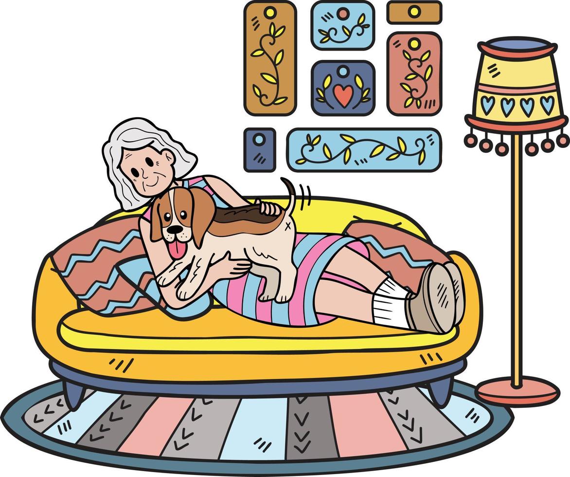 mano disegnato anziano donna seduta con beagle cane illustrazione nel scarabocchio stile vettore