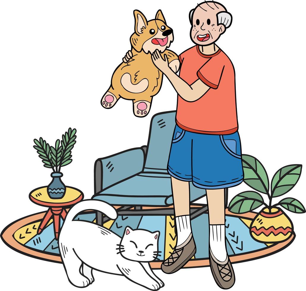 mano disegnato anziano giocare con cani e gatti illustrazione nel scarabocchio stile vettore
