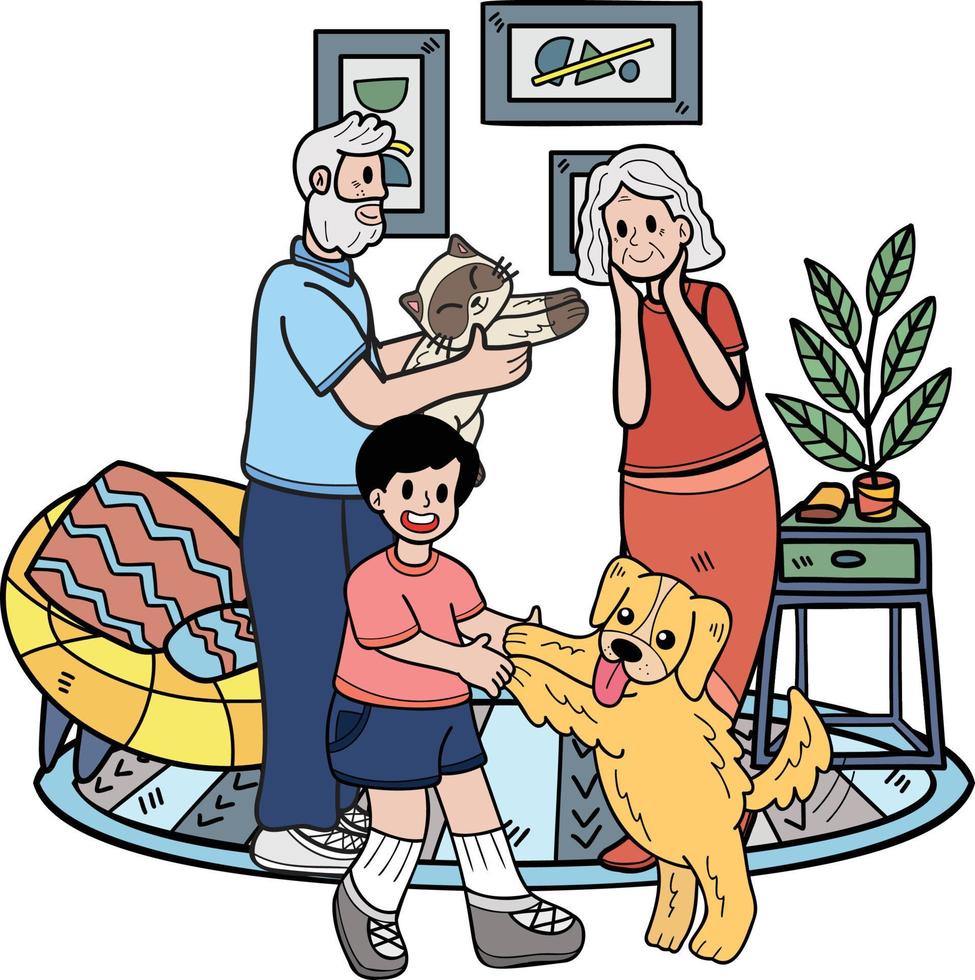 mano disegnato anziano giocare con cani e gatti illustrazione nel scarabocchio stile vettore