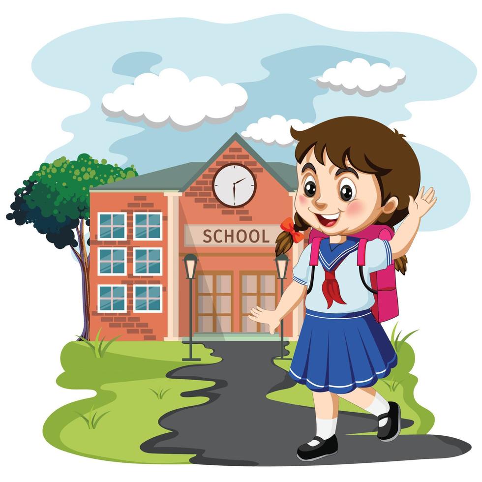 carino cartone animato ragazza andando per scuola con sua zaino vettore illustrazione