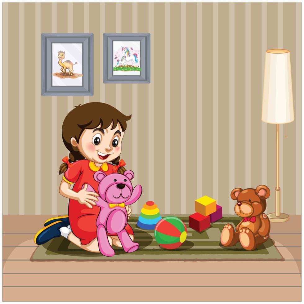 ragazza giocando con sua orso Bambola vettore illustrazione
