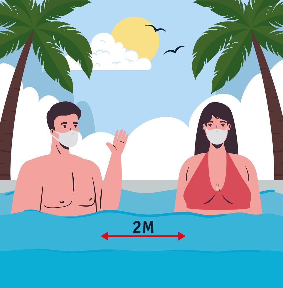 coppia in costume da bagno, allontanamento sociale e maschere per il viso in spiaggia vettore