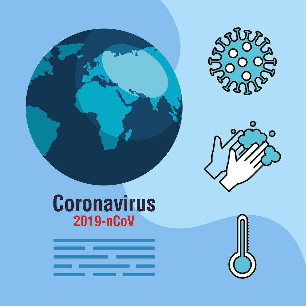 banner pandemia di coronavirus con pianeta e icone vettore