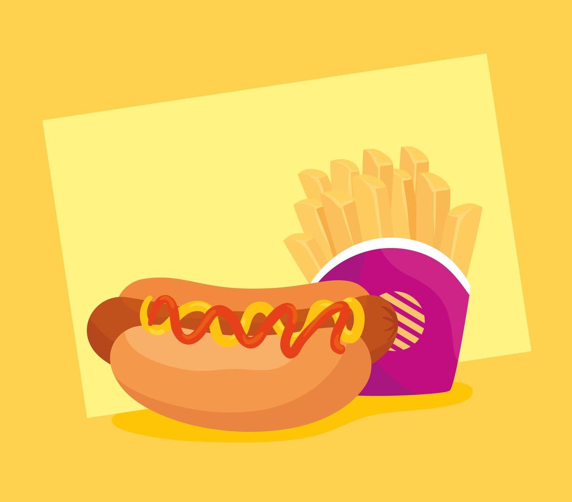 delizioso hot dog con patatine fritte su sfondo giallo vettore