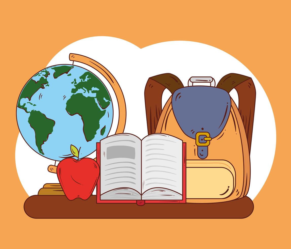 icone del concetto di educazione, borsa da scuola carina, libro aperto, mela e pianeta vettore