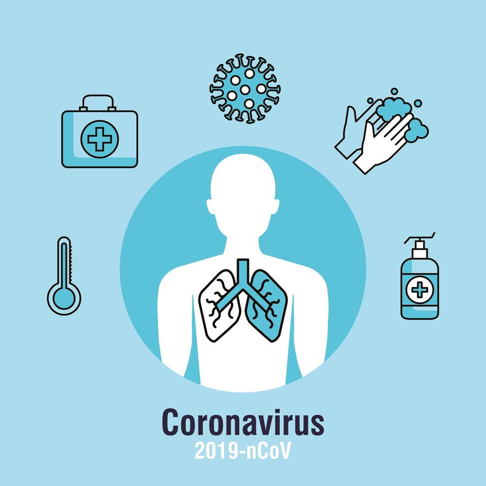 banner pandemico di coronavirus con silhouette del corpo e icone vettore