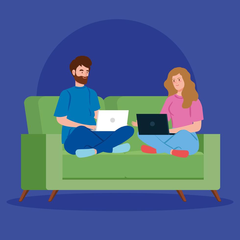 coppia che lavora con i loro laptop sul divano vettore
