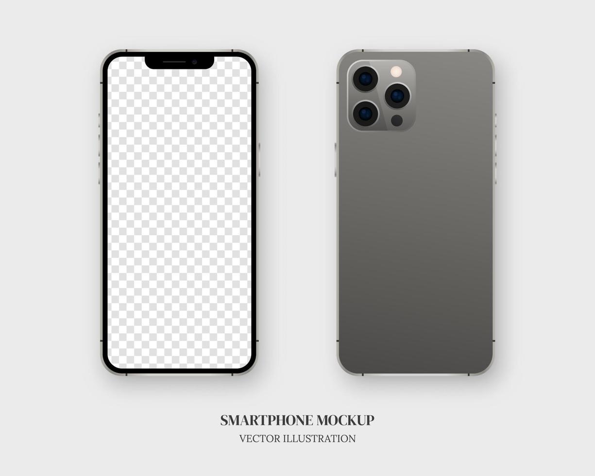 vettore di mockup di smartphone. smartphone in bianco davanti e dietro isolato su sfondo grigio. vettore di mockup isolato. modello di progettazione. illustrazione vettoriale realistico.