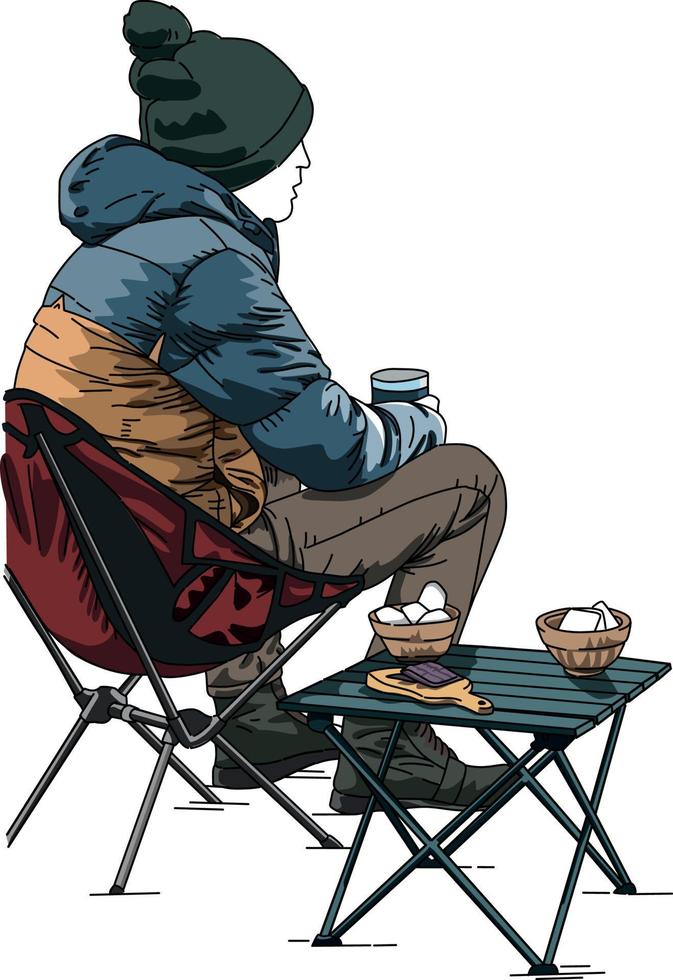 un' uomo seduta su un' campeggio sedia potabile caffè illustrazione vettore design