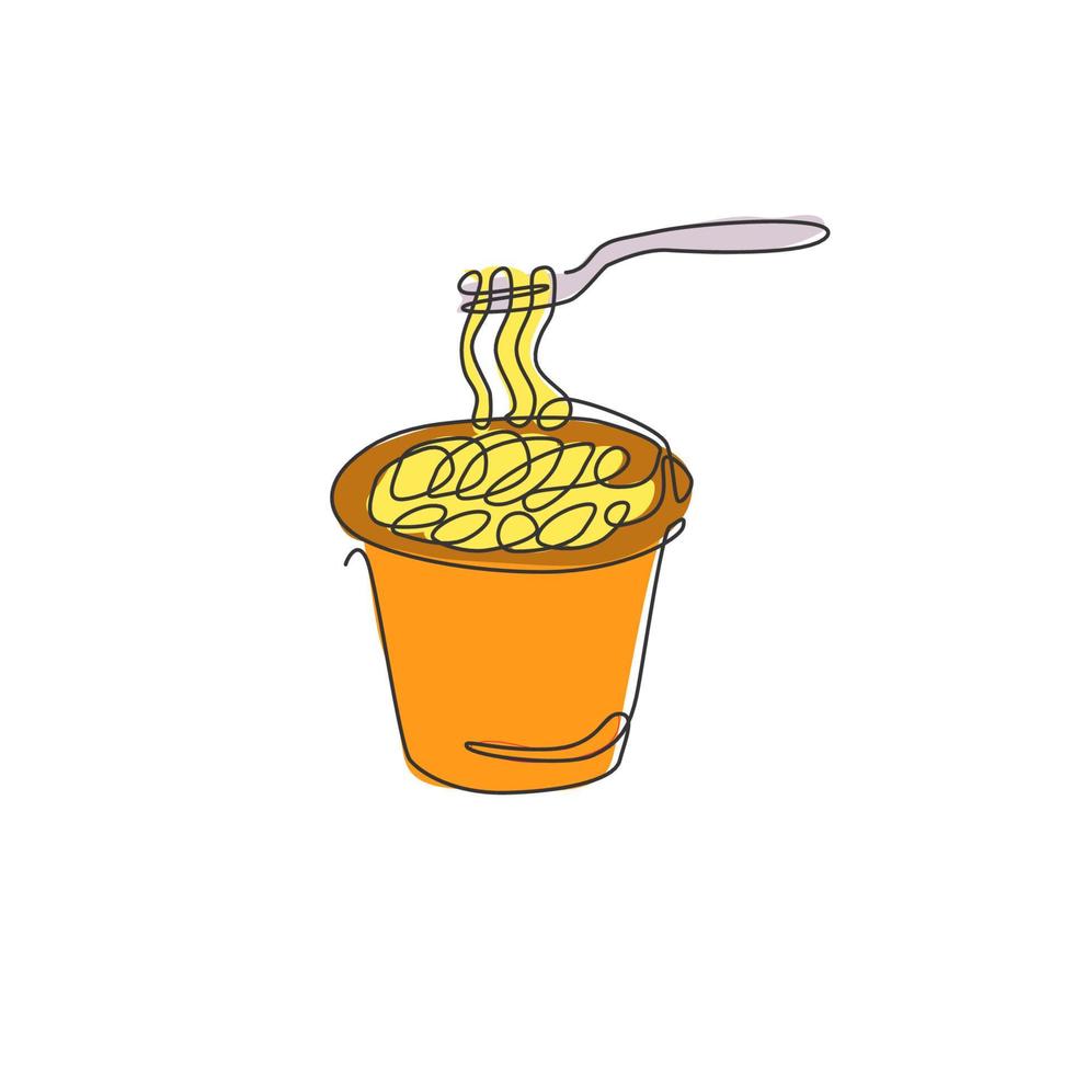 un disegno a linea singola dell'illustrazione vettoriale del logo del negozio di spaghetti piccanti caldi. ramen sul menu del bar fast food della forcella e concetto del distintivo del ristorante. logotipo di cibo di strada di design moderno a linea continua