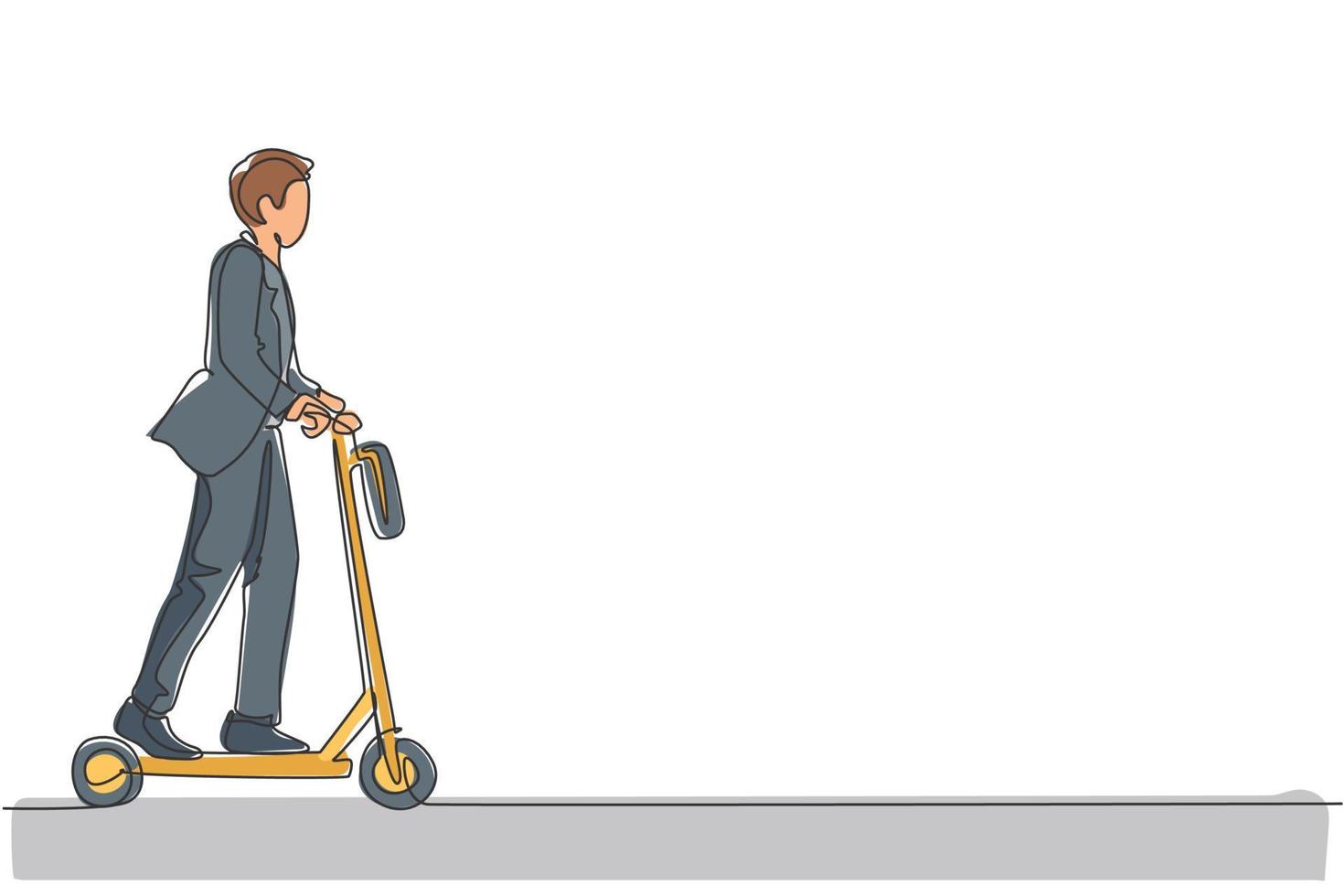 un disegno a tratteggio continuo di un giovane lavoratore che guida uno scooter elettrico per andare in ufficio. trasporto verde. futuro concetto di stile di vita urbano. illustrazione vettoriale di disegno dinamico a linea singola