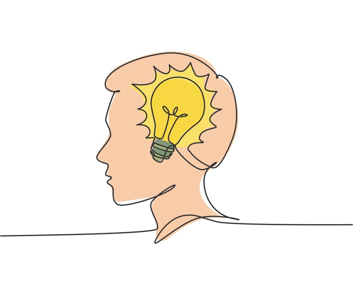 un disegno a tratteggio continuo dell'uomo umano con il cervello della lampadina all'interno dell'emblema del logo dell'icona della testa. concetto di modello di logotipo simbolo di innovazione. illustrazione grafica di design moderno a linea singola vettore