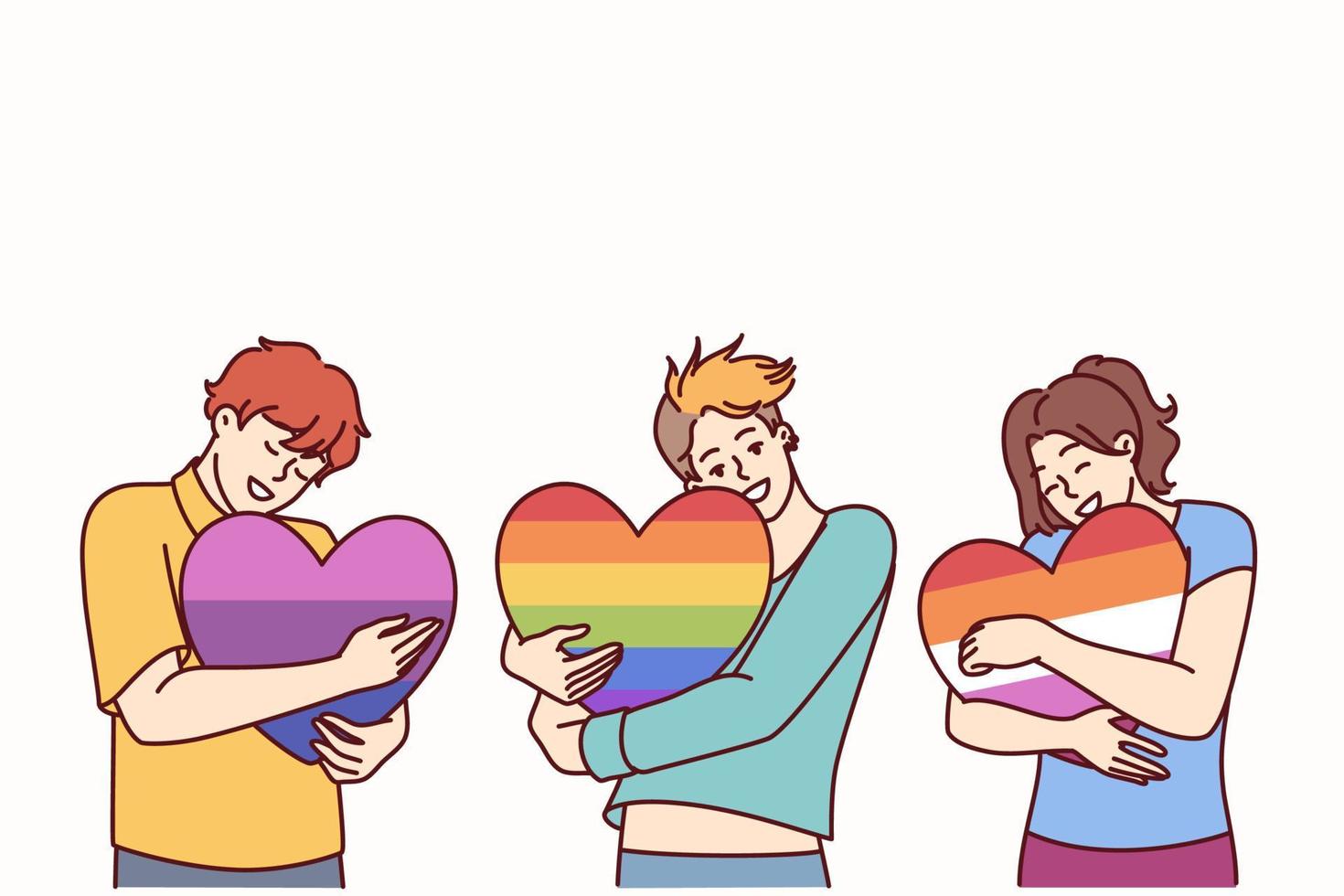 persone abbracciare cuori dipinto nel colori di lgbt e LGBTQ bandiere fabbricazione la libertà di scelta nel sesso e stile di vita. concetto di pubblico tolleranza per persone a partire dal lgbt orgoglio Comunità o transgender persone vettore