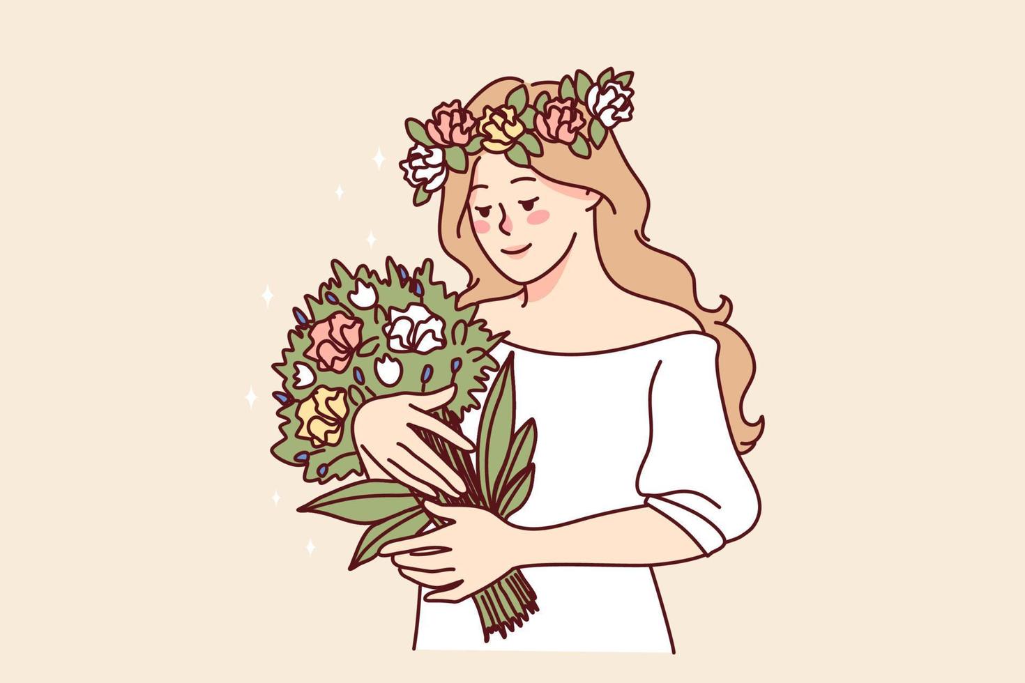 contento donna con fiore ghirlanda su testa Tenere bellissimo mazzo. sorridente ragazza godere estate fiori nel mani. bene mentale Salute. vettore illustrazione.