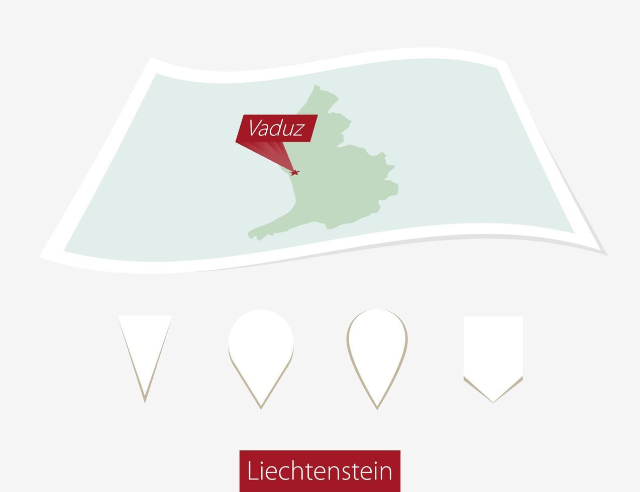 curvo carta carta geografica di Liechtenstein con capitale vaduz su grigio sfondo. quattro diverso carta geografica perno impostare. vettore