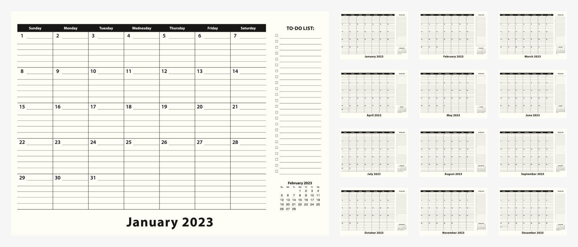 mensile attività commerciale scrivania tampone calendario per anno 2023, 12 mese. vettore
