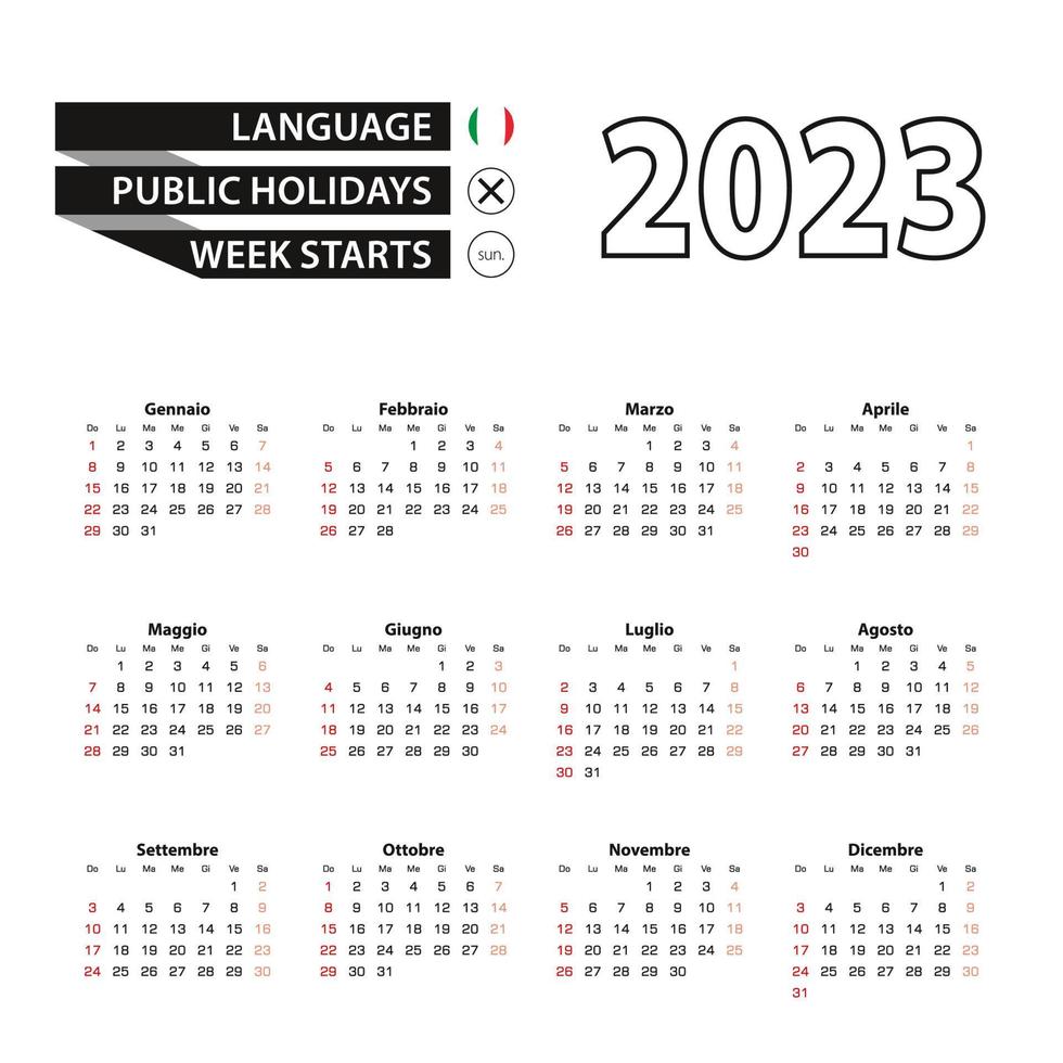 2023 calendario nel italiano linguaggio, settimana inizia a partire dal domenica. vettore
