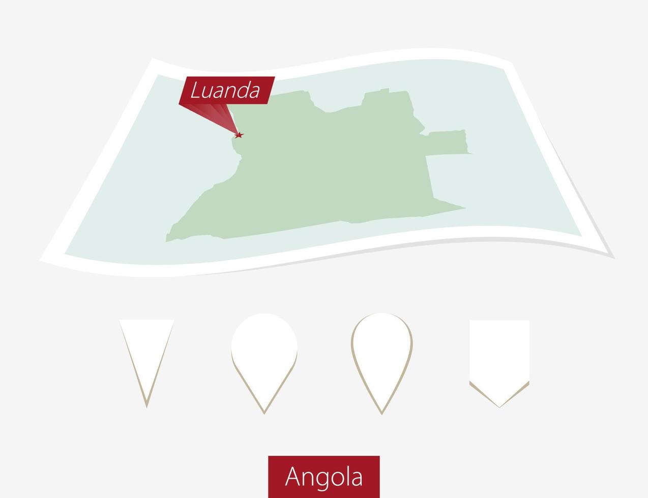 curvo carta carta geografica di angola con capitale luanda su grigio sfondo. quattro diverso carta geografica perno impostare. vettore