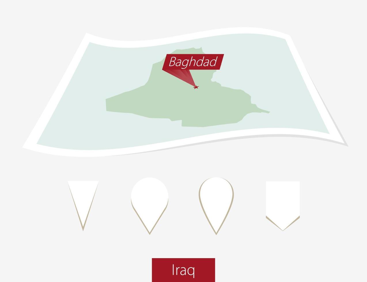 curvo carta carta geografica di Iraq con capitale baghdad su grigio sfondo. quattro diverso carta geografica perno impostare. vettore