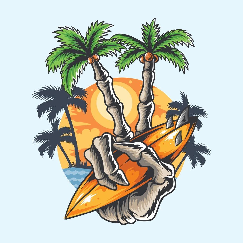 disegno estivo mano teschio albero di cocco dito tenendo la spiaggia tavola da surf vettore