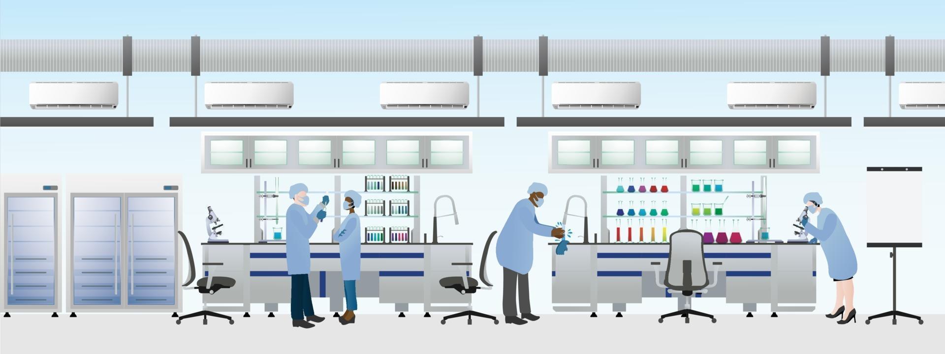 squadra di scienziati che indossa tuta da laboratorio per fare esperimenti chimici, illustrazione vettoriale piatto di laboratorio di scienze.