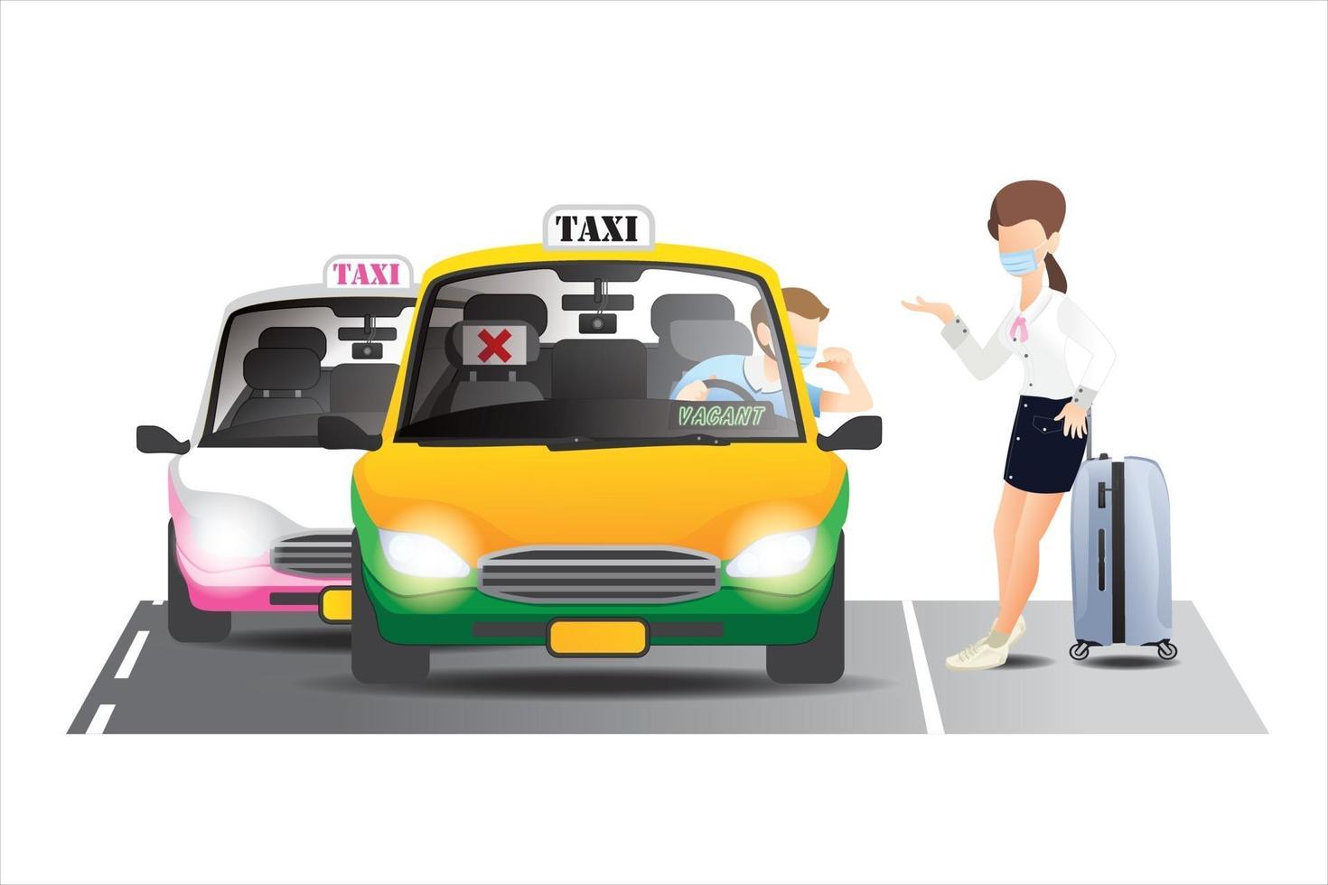 il tassista avverte il passeggero del coronavirus, siediti nella giusta posizione, fumetto illustrazione vettoriale. vettore