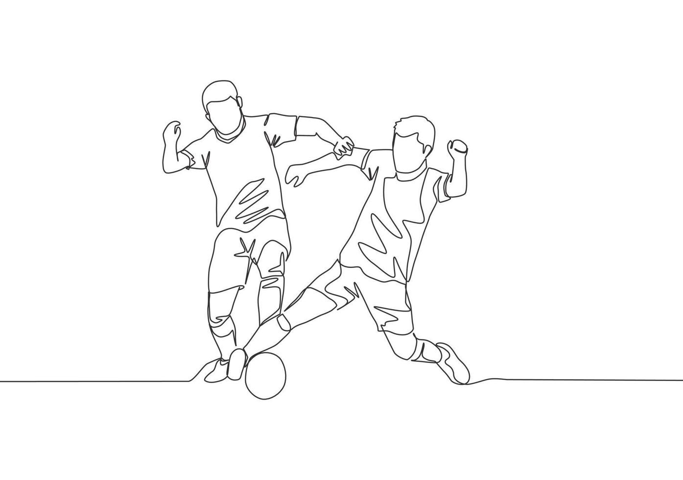 singolo continuo linea disegno di Due calcio Giocatori combattente per il palla a il gioco. calcio incontro gli sport concetto. uno linea disegnare design vettore illustrazione
