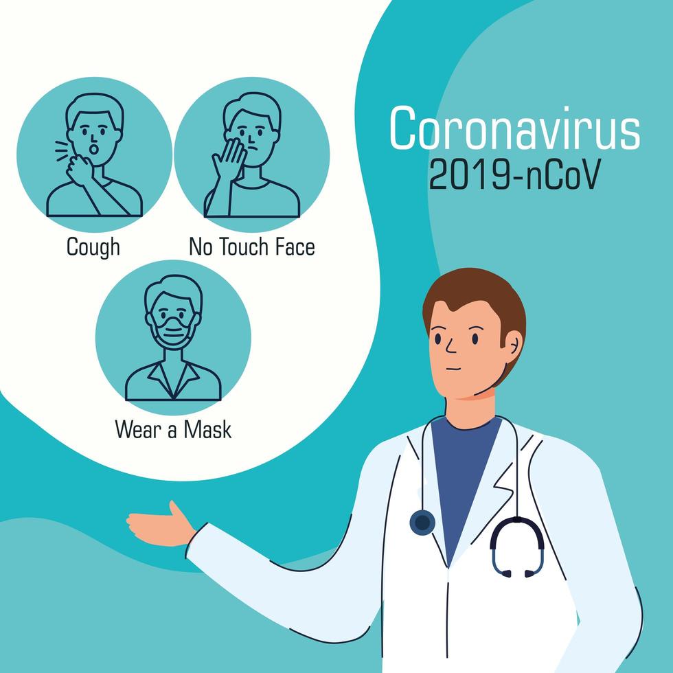 medico maschio con raccomandazioni per fermare il coronavirus vettore