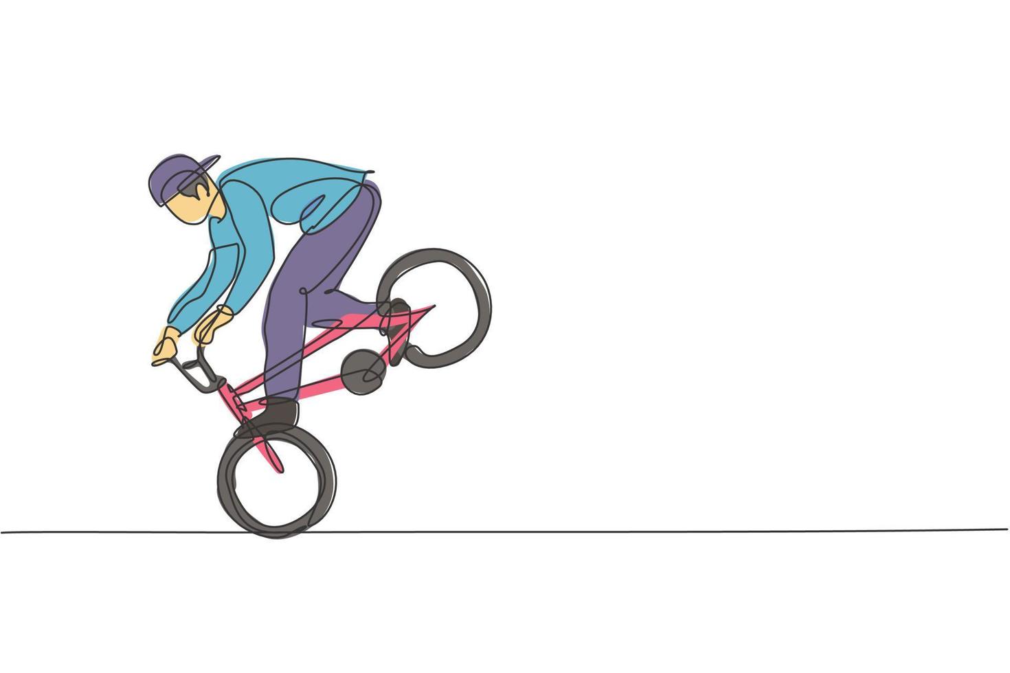 il disegno a linea continua singola del giovane ciclista bmx mostra un trucco rischioso estremo nello skatepark. concetto di stile libero bmx. illustrazione vettoriale alla moda di una linea di disegno per i media di promozione freestyle
