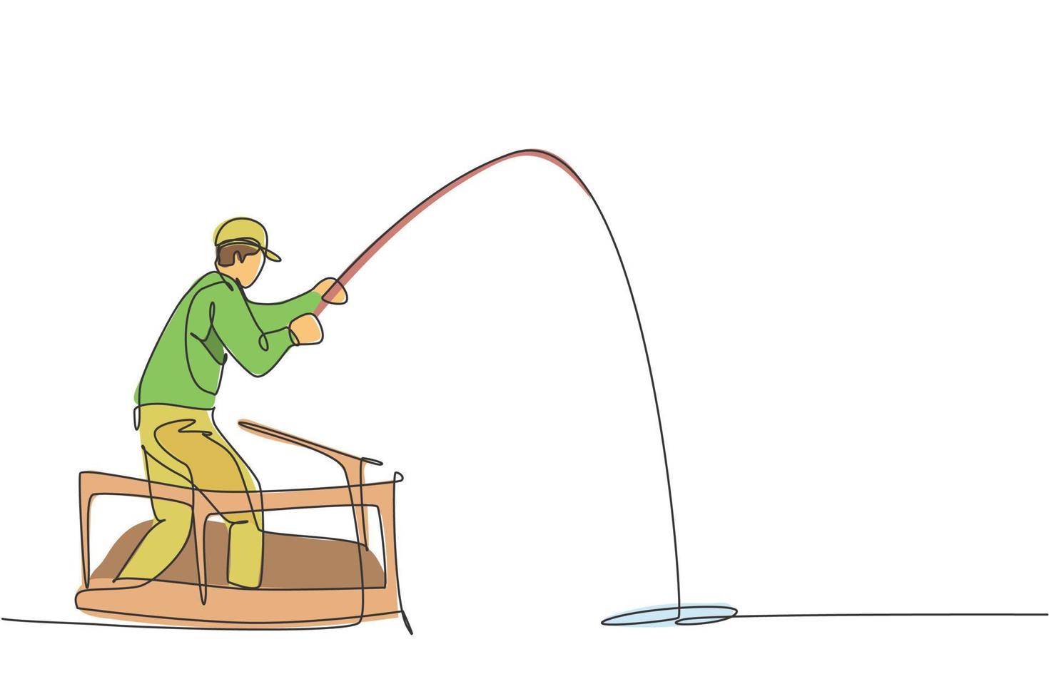 un disegno a linea continua di un giovane pescatore felice in piedi e che pesca dal traghetto sull'oceano. concetto di vacanza hobby per il tempo libero di pesca. illustrazione vettoriale dinamica del disegno a linea singola