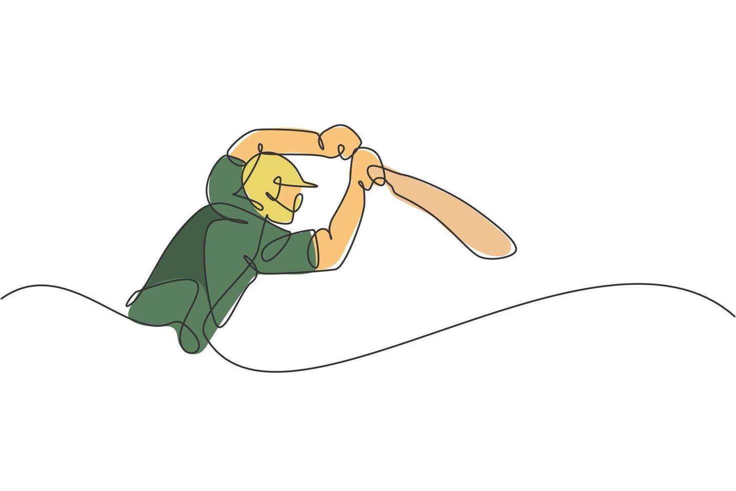 un disegno a linea singola della posizione del giovane giocatore di cricket energico per colpire l'illustrazione vettoriale della palla. concetto di sport competitivo. moderno disegno a linea continua per banner da competizione di cricket
