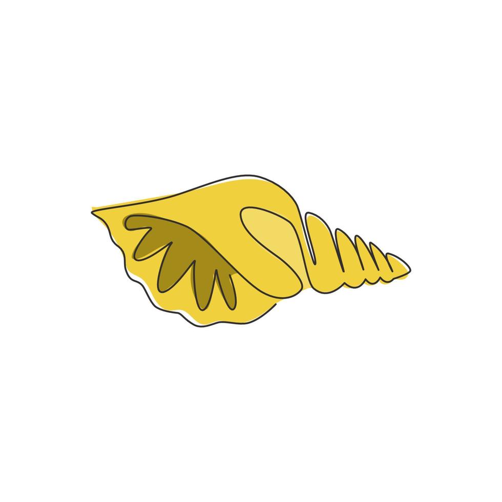 un disegno a tratteggio continuo di un simpatico guscio di lumaca di mare per l'identità del logo marino. concetto di mascotte conchiglia per l'icona della vita nautica. illustrazione vettoriale di design moderno a linea singola