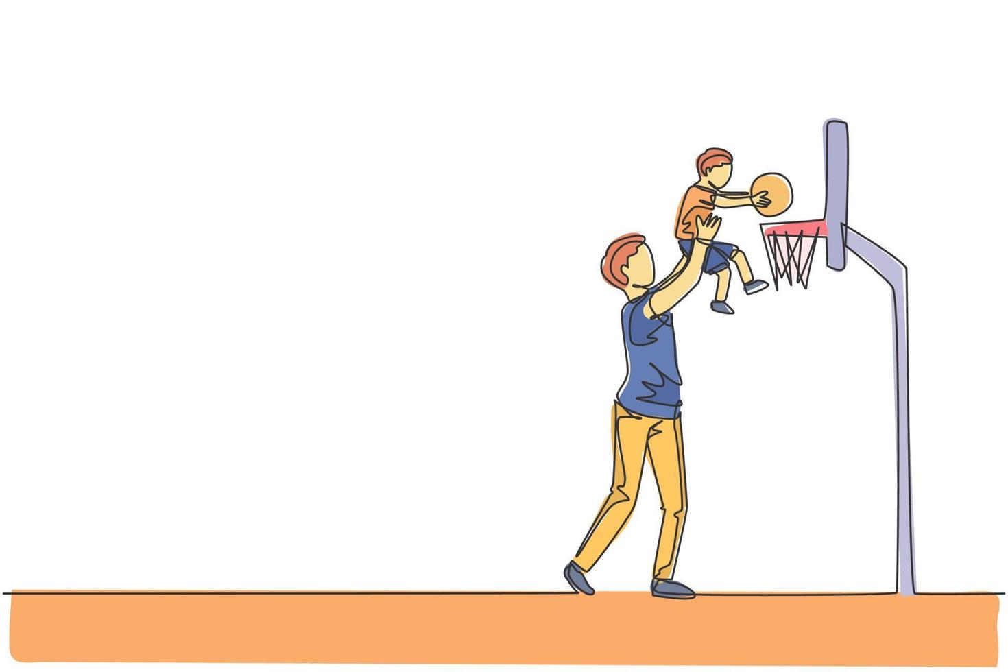 un unico disegno a tratteggio giovane padre alleva suo figlio per segnare quando gioca a basket a casa illustrazione grafica vettoriale del campo. concetto di apprendimento genitoriale felice. design moderno a linea continua