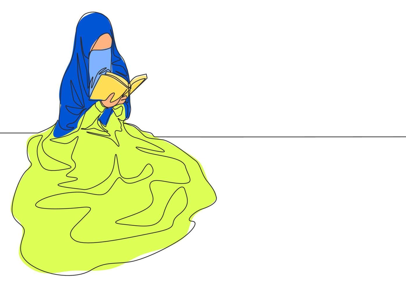 uno continuo linea disegno di giovane bella Arabia arabo muslimah indossare burqa lettura un' libro su il pavimento. tradizionale islamico donna niqab vestito concetto singolo linea disegnare design vettore illustrazione
