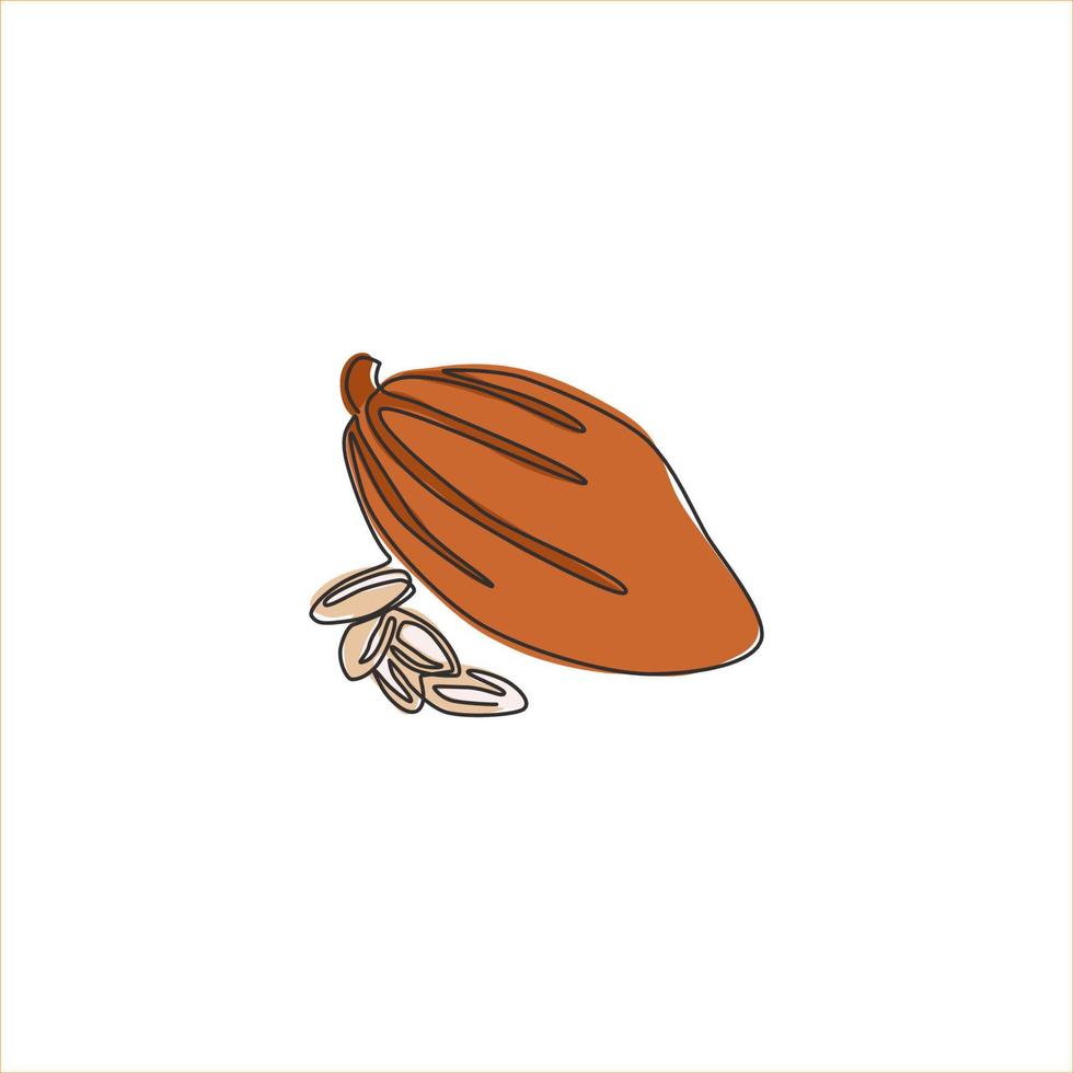 un unico disegno a tratteggio di intere fave di cacao biologiche sane per l'identità del logo della piantagione. concetto di fava di cacao fresca per l'icona del negozio di bevande. illustrazione vettoriale grafica di disegno di disegno di linea continua moderna