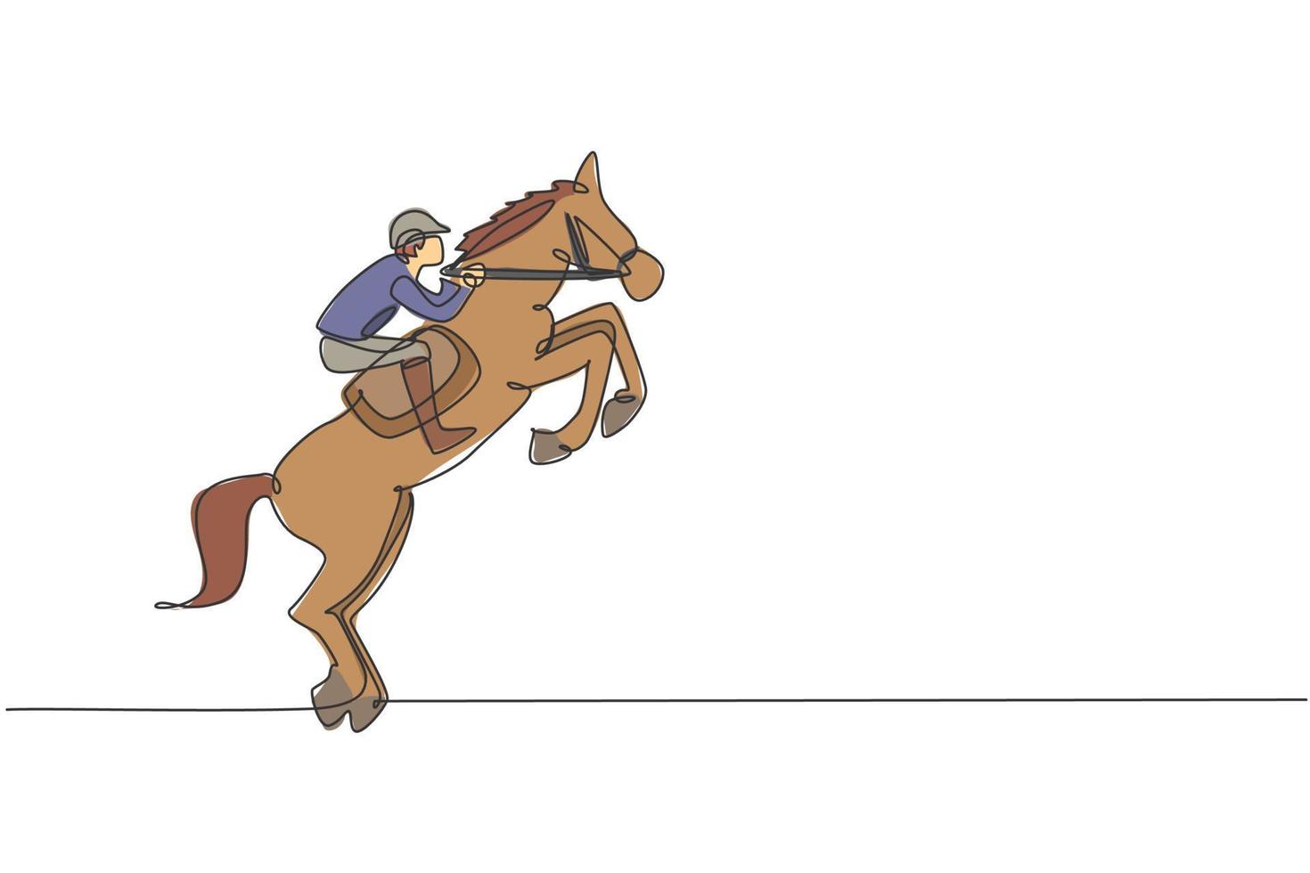 disegno a linea continua singola di un giovane cavaliere professionista che cerca di domare il cavallo nelle scuderie. concetto di processo di allenamento per sport equestri. illustrazione vettoriale di disegno di una linea alla moda