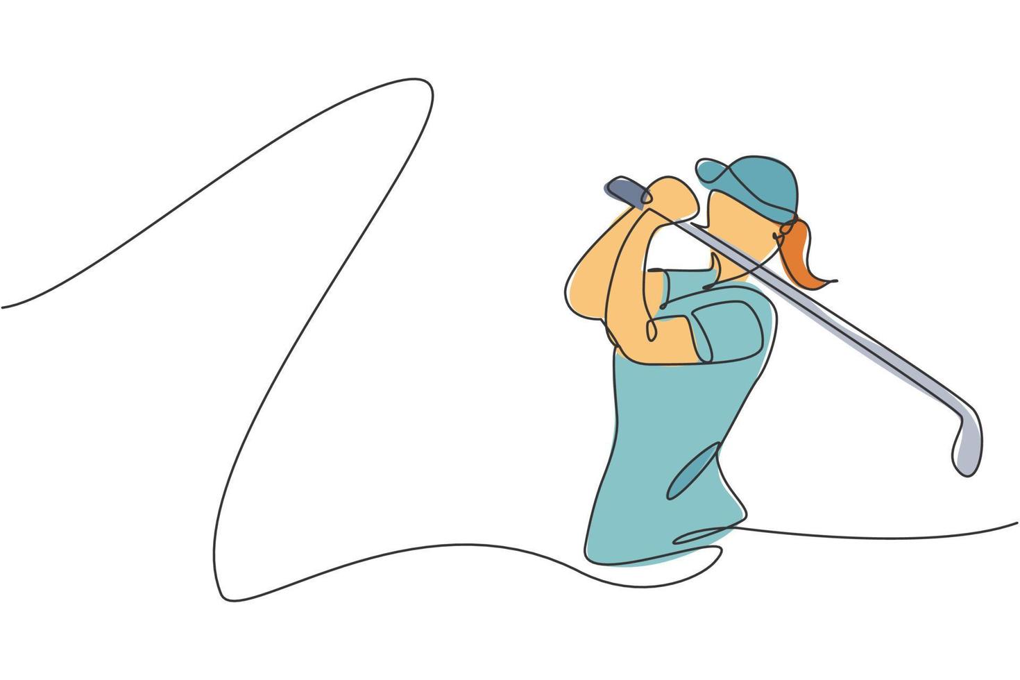 unico disegno a linea continua di un giovane giocatore di golf felice oscillare la mazza da golf per colpire la pallina. concetto di sport hobby. illustrazione vettoriale alla moda di una linea di disegno per i media di promozione di tornei di golf