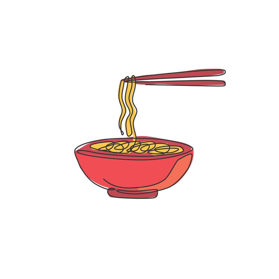 unico disegno a linea continua dell'etichetta stilizzata del logo del negozio di spaghetti piccanti. concetto di ristorante fast food ramen emblema. illustrazione vettoriale moderna di disegno di una linea per il servizio di consegna di cibo o negozio